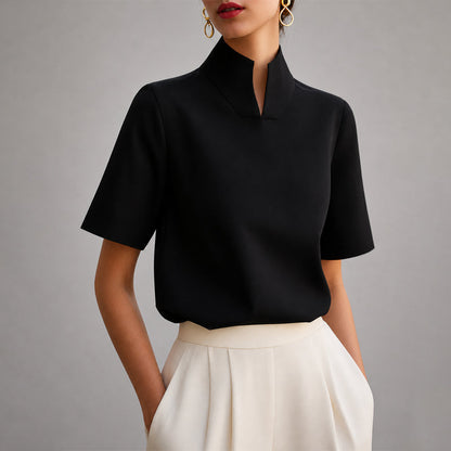 Valène | Split Mock Neck Short Sleeve Blouse