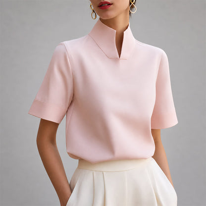 Valène | Split Mock Neck Short Sleeve Blouse