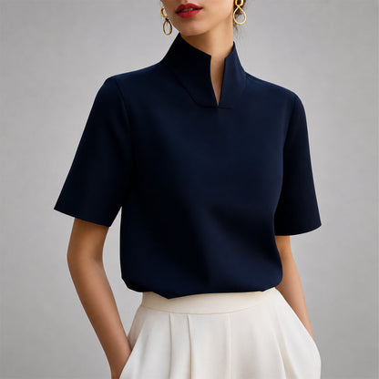 Valène | Split Mock Neck Short Sleeve Blouse