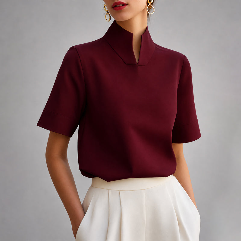 Valène | Split Mock Neck Short Sleeve Blouse