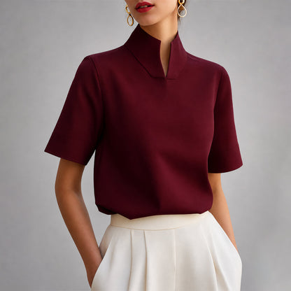 Valène | Split Mock Neck Short Sleeve Blouse