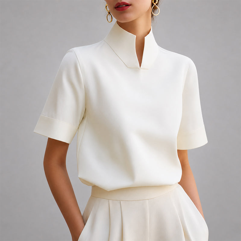 Valène | Split Mock Neck Short Sleeve Blouse