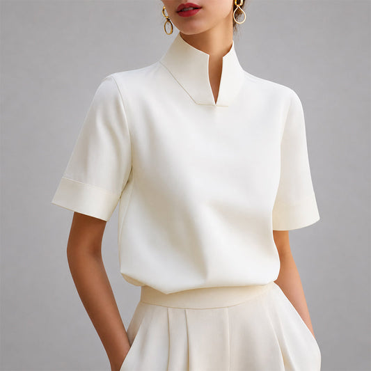 Valène | Split Mock Neck Short Sleeve Blouse