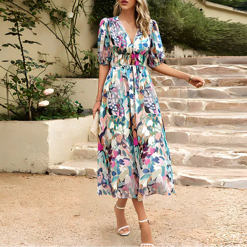 Florinda | Printed Cinched Waist Wedding Guest Midi Dress
