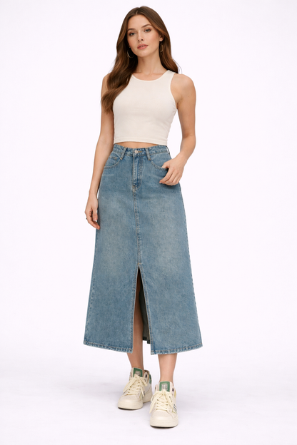 Wren | Front-Split Denim Maxi Skirt