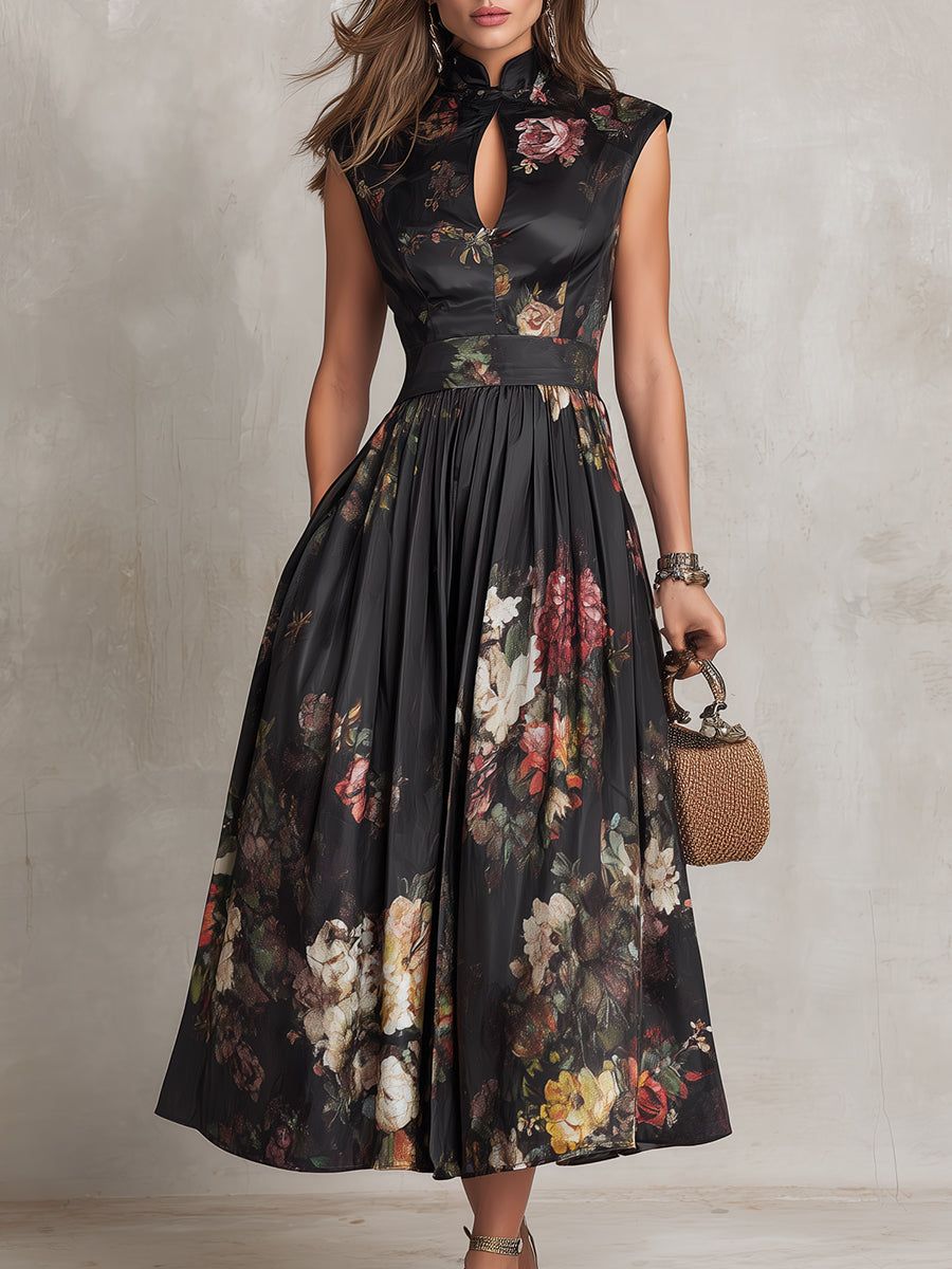 Leocadie | Floral Mandarin Collar A-Line Midi Dress