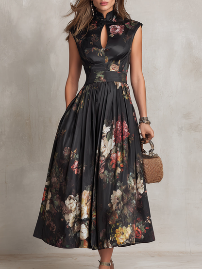Leocadie | Floral Mandarin Collar A-Line Midi Dress