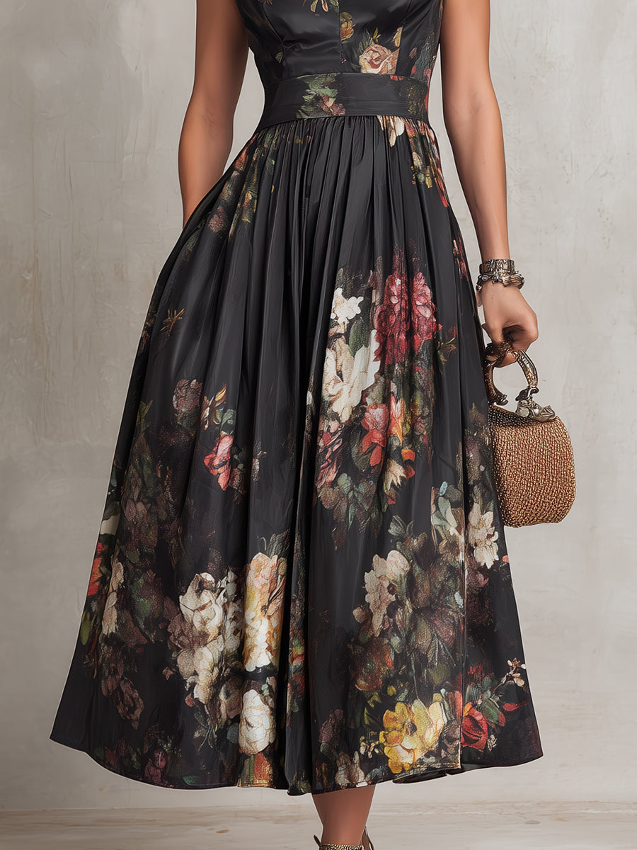 Leocadie | Floral Mandarin Collar A-Line Midi Dress