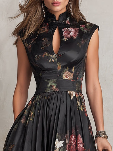 Leocadie | Floral Mandarin Collar A-Line Midi Dress