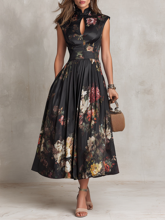 Leocadie | Floral Mandarin Collar A-Line Midi Dress
