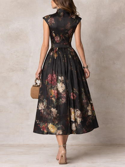 Leocadie | Floral Mandarin Collar A-Line Midi Dress