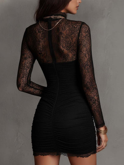 Morwenna | High Neck Lace Long-Sleeve Mini Dress
