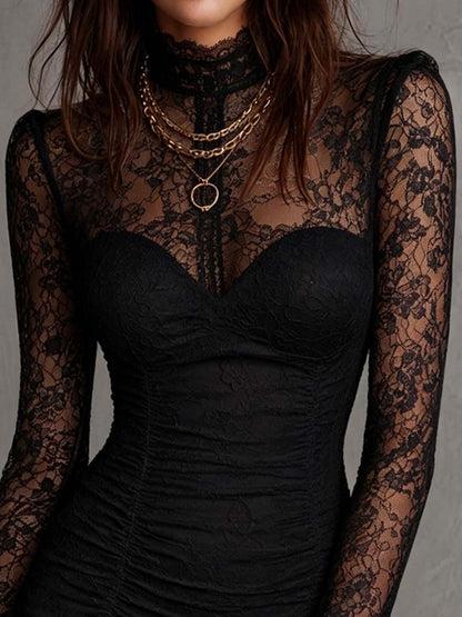 Morwenna | High Neck Lace Long-Sleeve Mini Dress