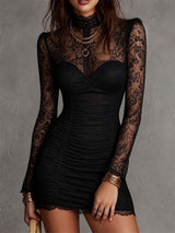 Morwenna | High Neck Lace Long-Sleeve Mini Dress