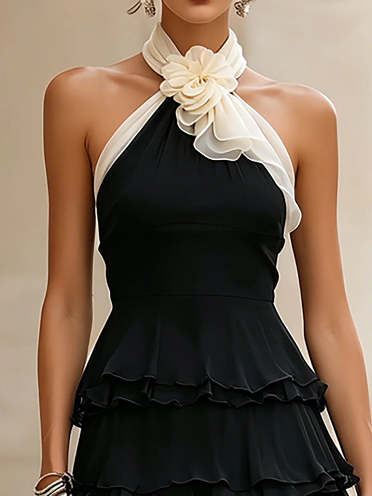 Cheryse | Halter Rosette Tiered Ruffle Mini Dress
