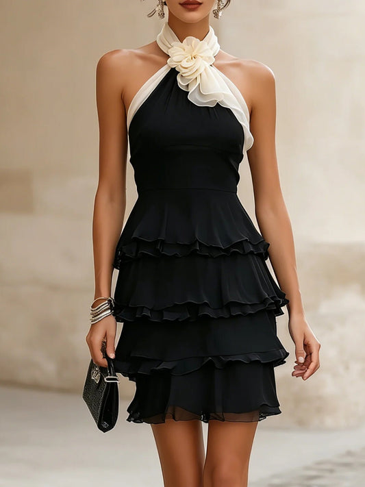 Cheryse | Halter Rosette Tiered Ruffle Mini Dress
