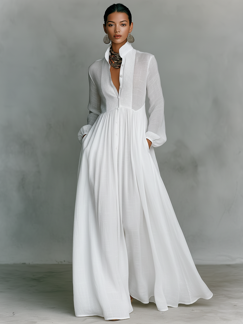 Maribel | Stand Collar Long Sleeve Shirt Maxi Dress