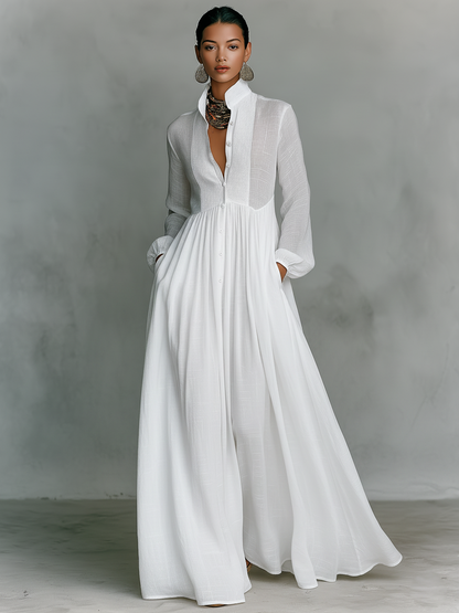 Maribel | Stand Collar Long Sleeve Shirt Maxi Dress