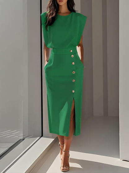 Noor | Round Neck Button-Slit Midi Dress