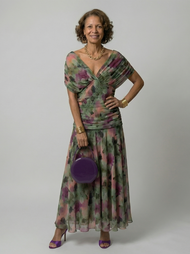 Off-shoulder flowy midi dress, styled view