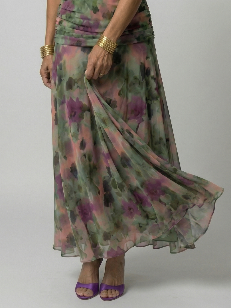 Off-shoulder flowy midi dress, fabric texture close-up
