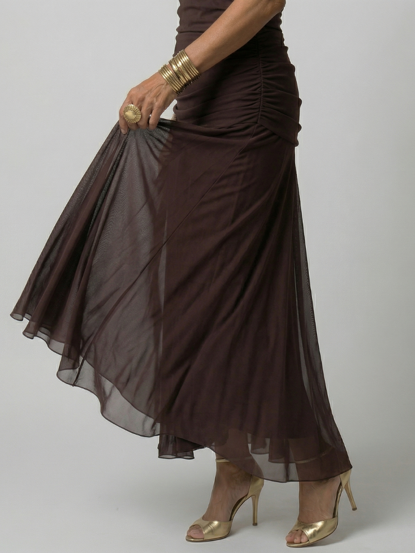 Off-shoulder flowy midi dress, walking view