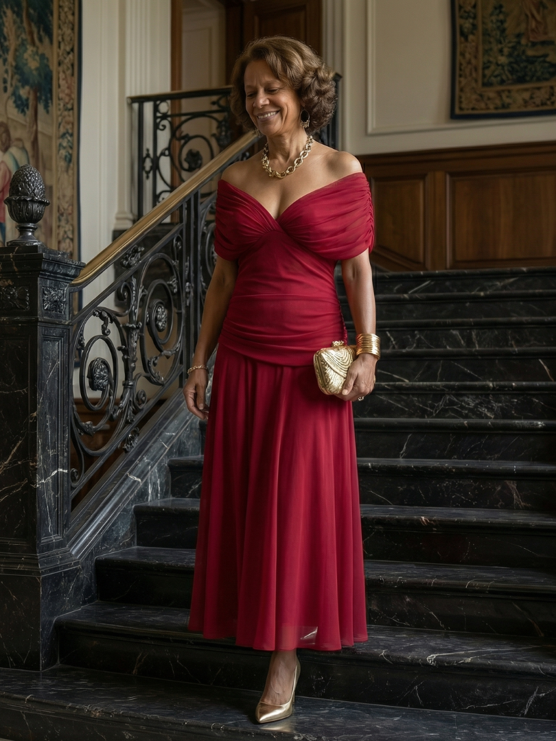 Off-shoulder flowy midi dress, front view in motion