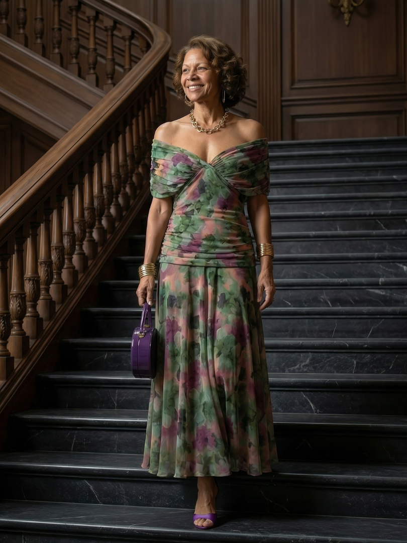 Off-shoulder flowy midi dress, close-up of the waist