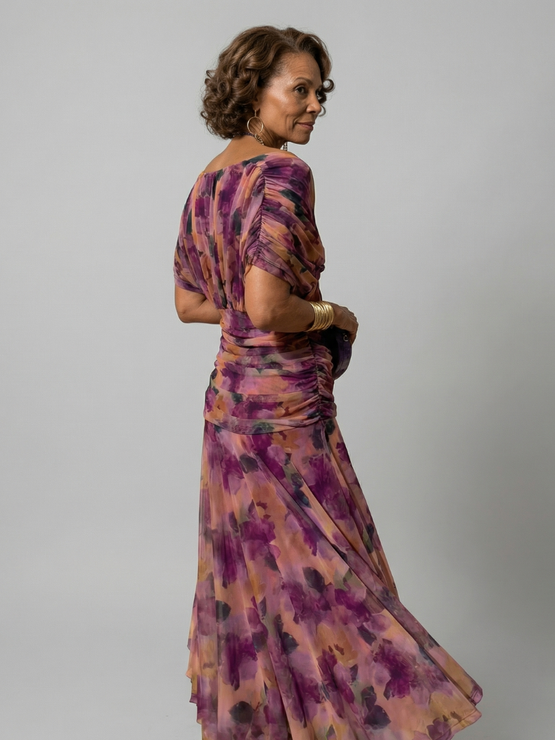 Off-shoulder flowy midi dress, back view