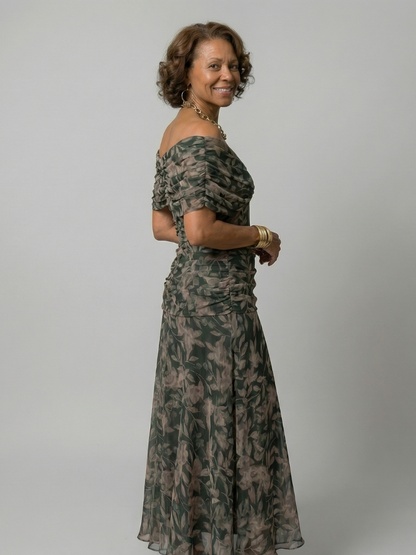 Off-shoulder flowy midi dress, color variant