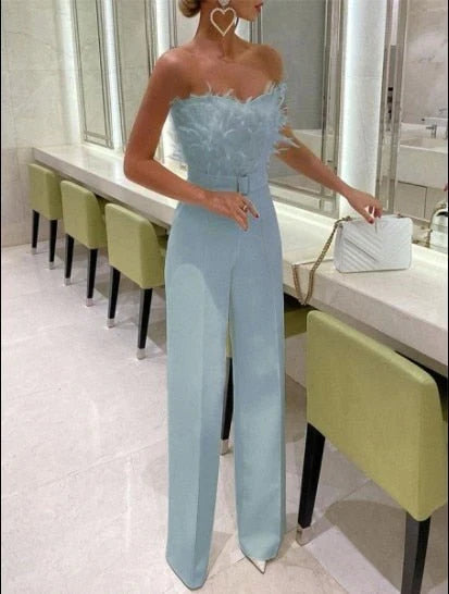 Aliénor | Feather Trim High-Waist Wide-Leg Jumpsuit