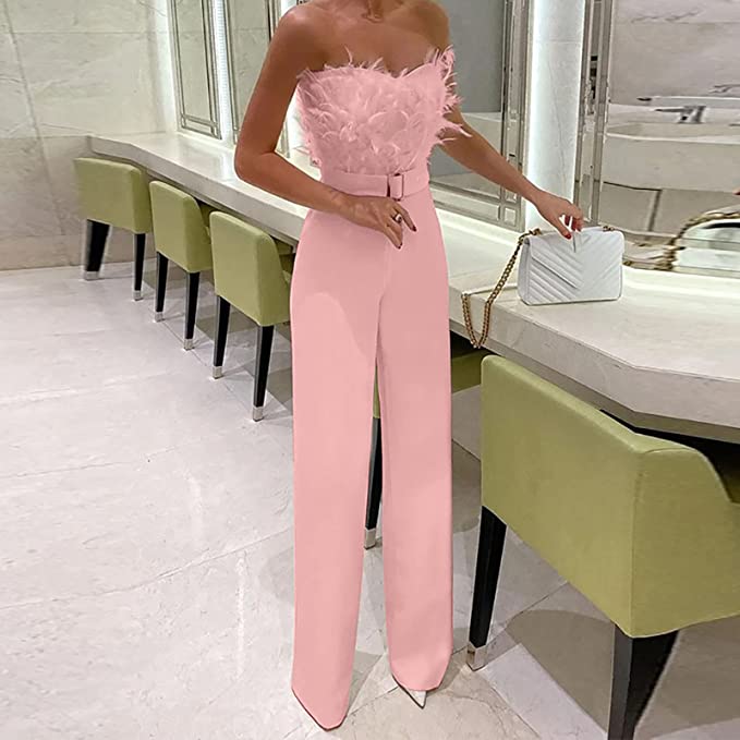 Aliénor | Feather Trim High-Waist Wide-Leg Jumpsuit