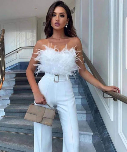 Aliénor | Feather Trim High-Waist Wide-Leg Jumpsuit