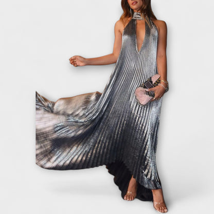 Lyra | Halter Neck Deep V Metallic Prom Maxi Dress