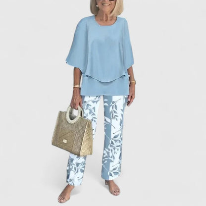 Carmela | Linen Top & Printed Wide Leg Pants Set