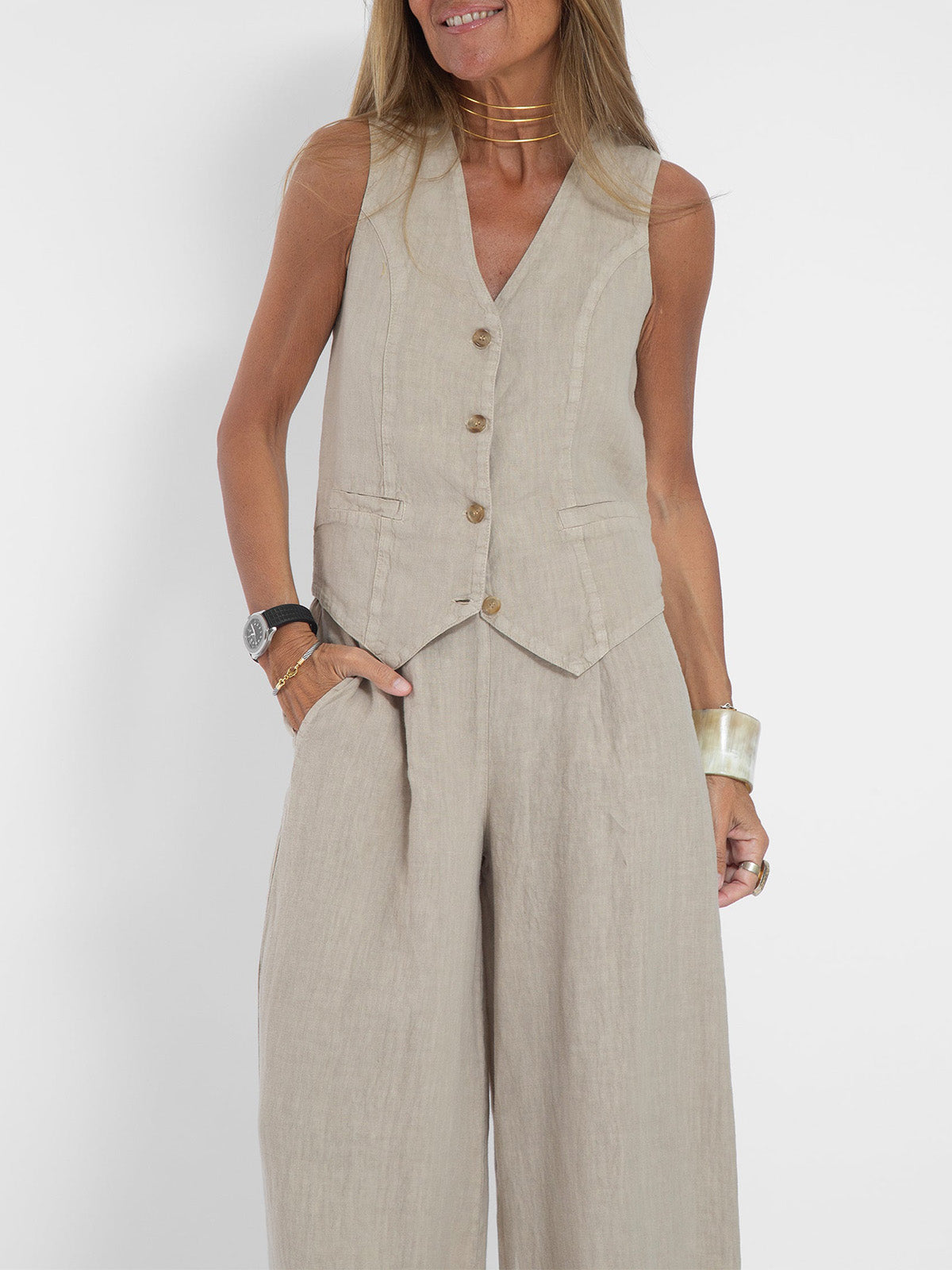 Vera | Buttoned Vest and Wide-Leg Trouser Set