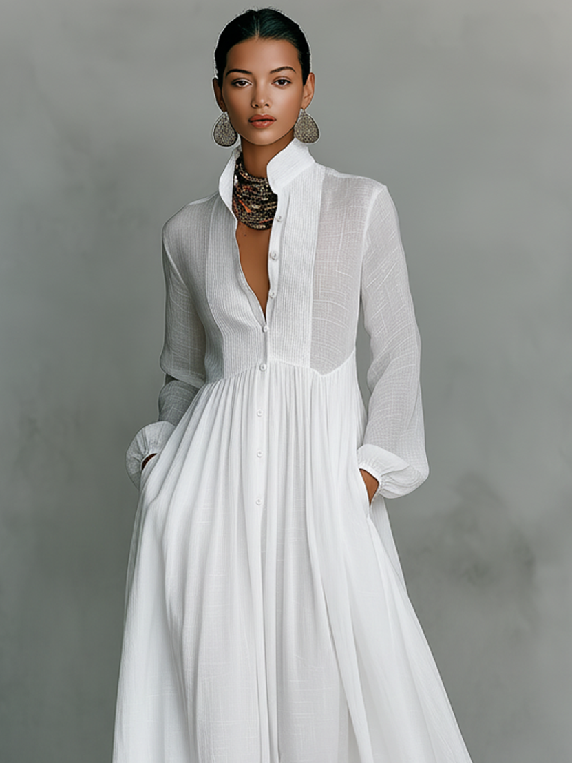 Maribel | Stand Collar Long Sleeve Shirt Maxi Dress