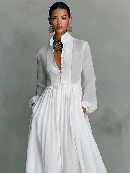 Maribel | Stand Collar Long Sleeve Shirt Maxi Dress