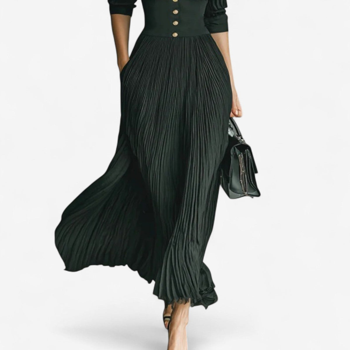 Bellona | Collared Pleated Long Sleeve Maxi Dress