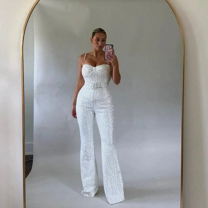 Sparkly strapless jumpsuit, angled back view