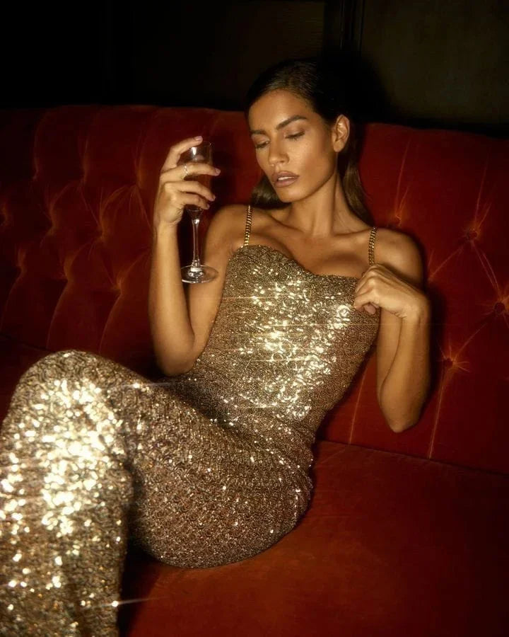 Sparkly strapless jumpsuit, side view