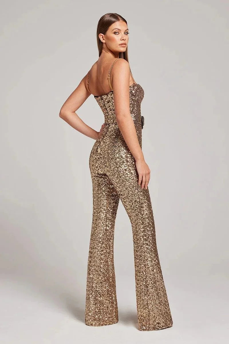 Sparkly strapless jumpsuit, close-up of the fabric