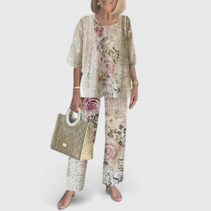 Carmela | Linen Top & Printed Wide Leg Pants Set