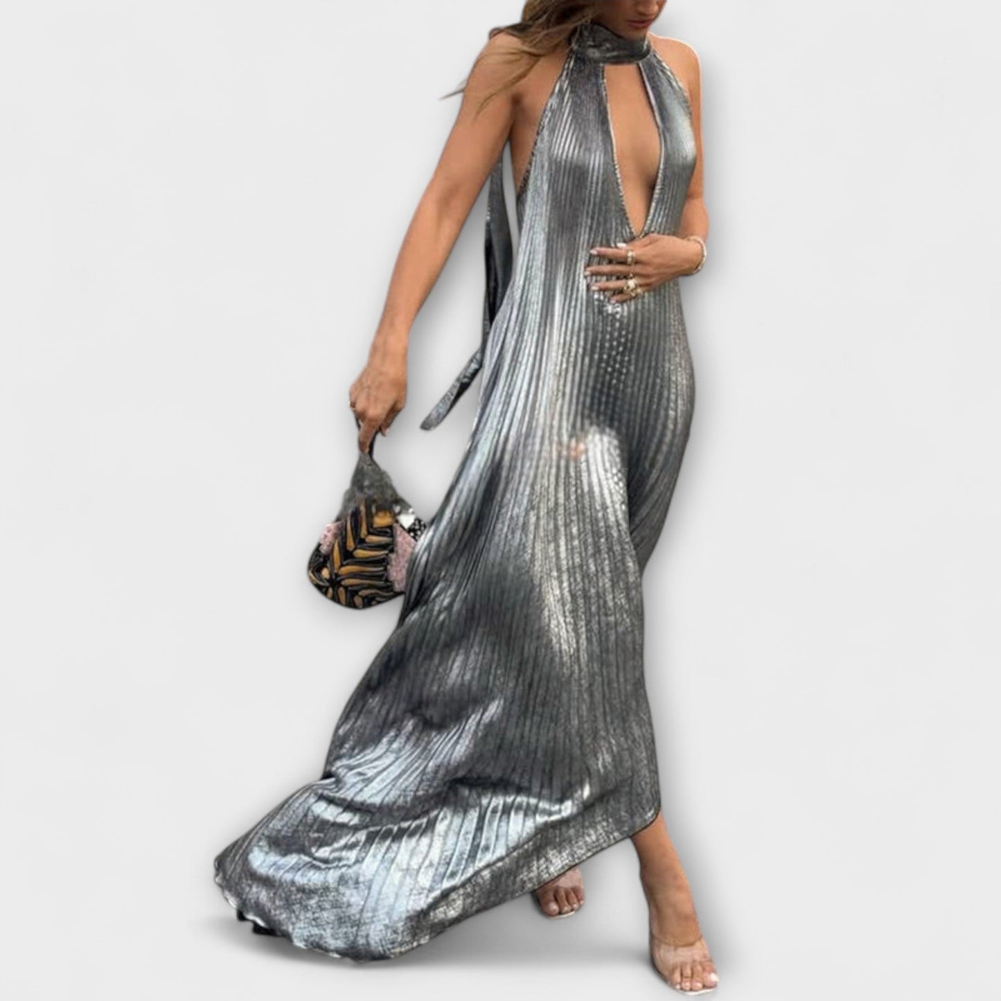 Lyra | Halter Neck Deep V Metallic Prom Maxi Dress
