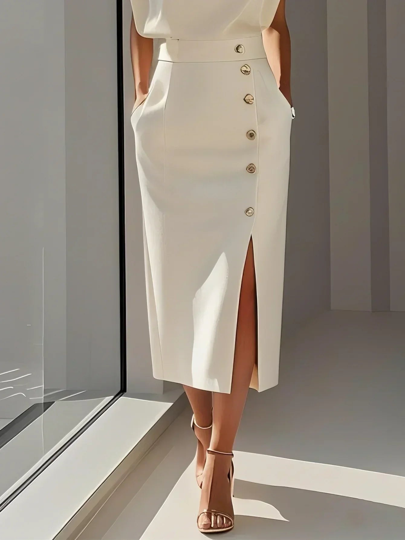 Noor | Round Neck Button-Slit Midi Dress