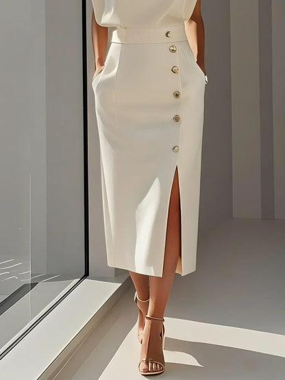 Noor | Round Neck Button-Slit Midi Dress