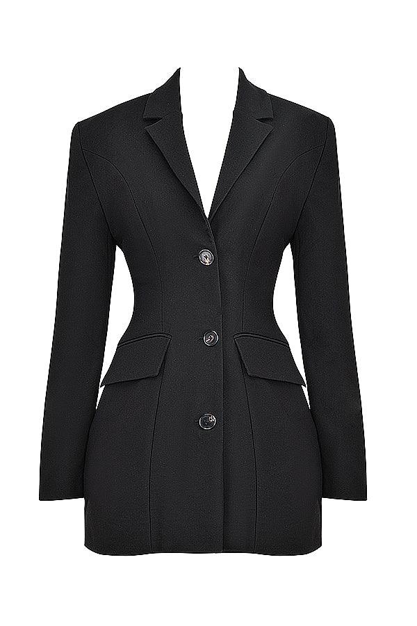 Double-breasted blazer dress, close-up of the fabric