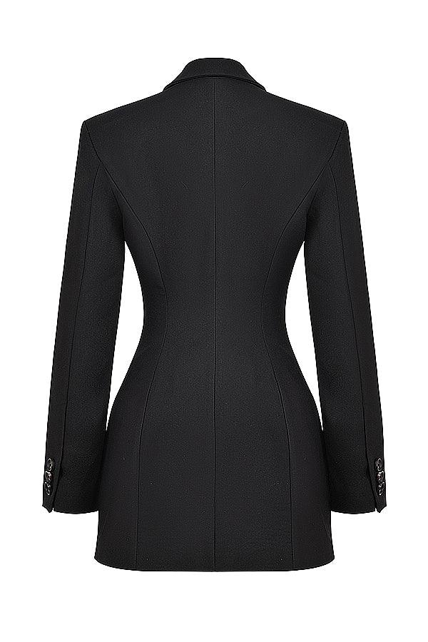 Double-breasted blazer dress, close-up of the neckline