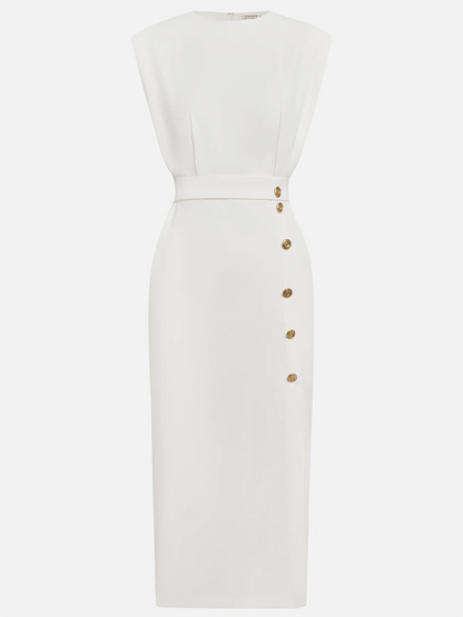 Noor | Round Neck Button-Slit Midi Dress