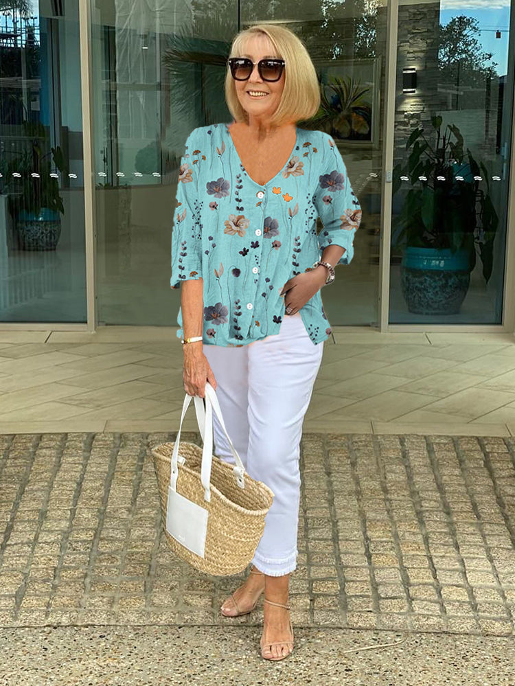 Clotilde | Floral V-Neck Three-Quarter Sleeve Blouse
